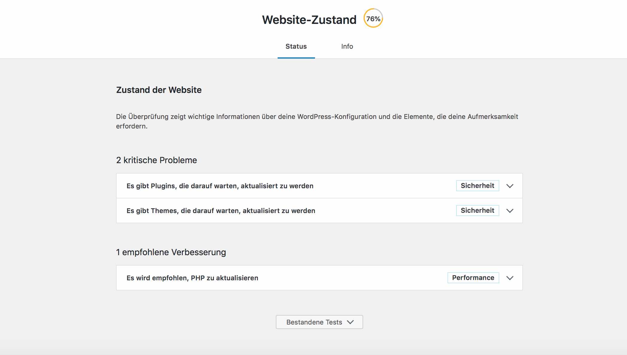 Website Status von WordPress Update 5.2