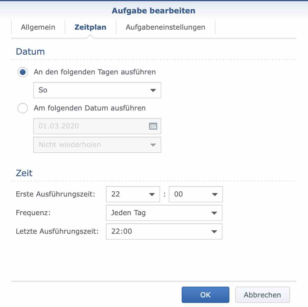 Zeitplan in Synology Aufgabe anlegen