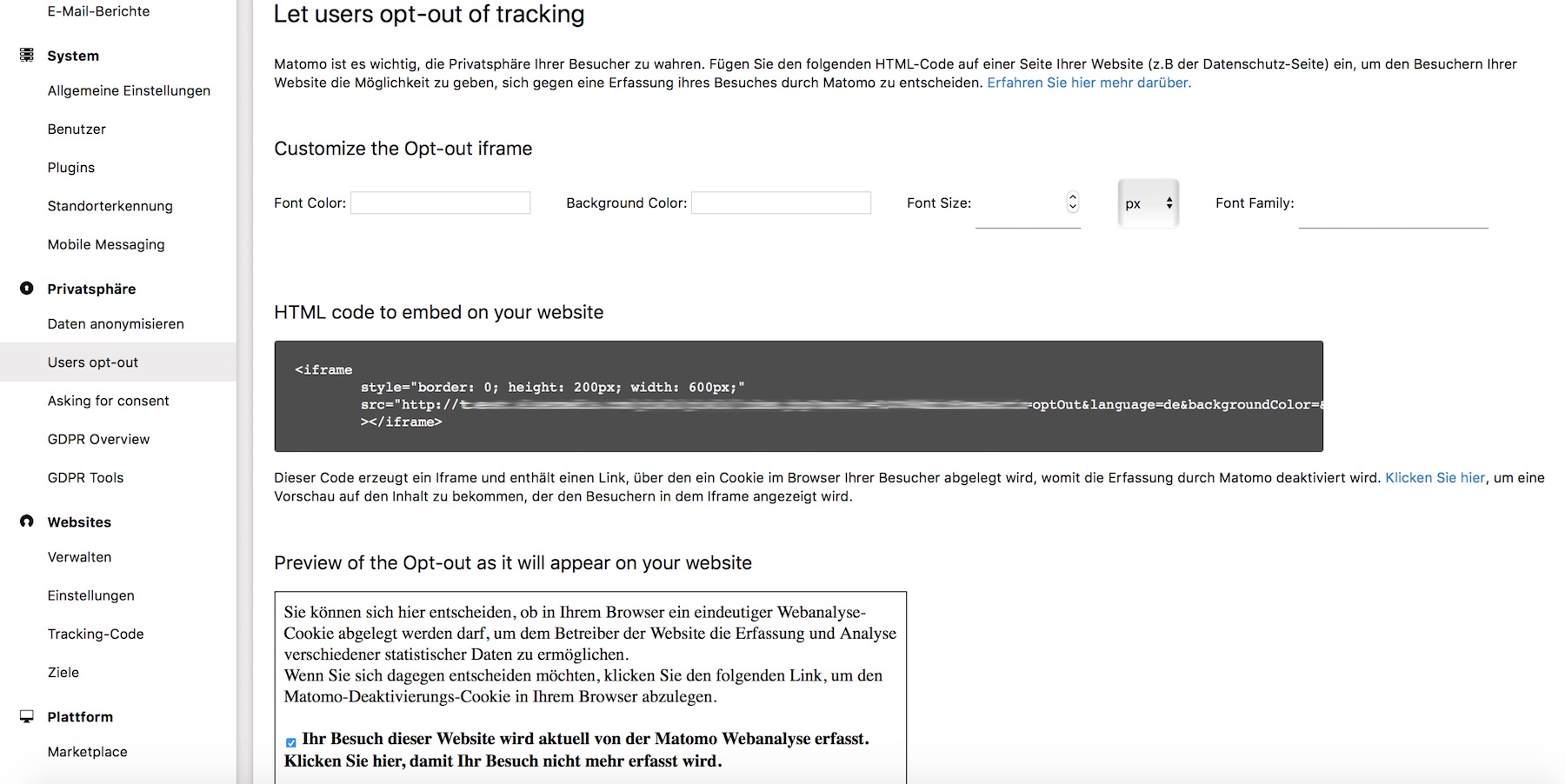 Opt-Out Funktion für Matomo Tracking Tool