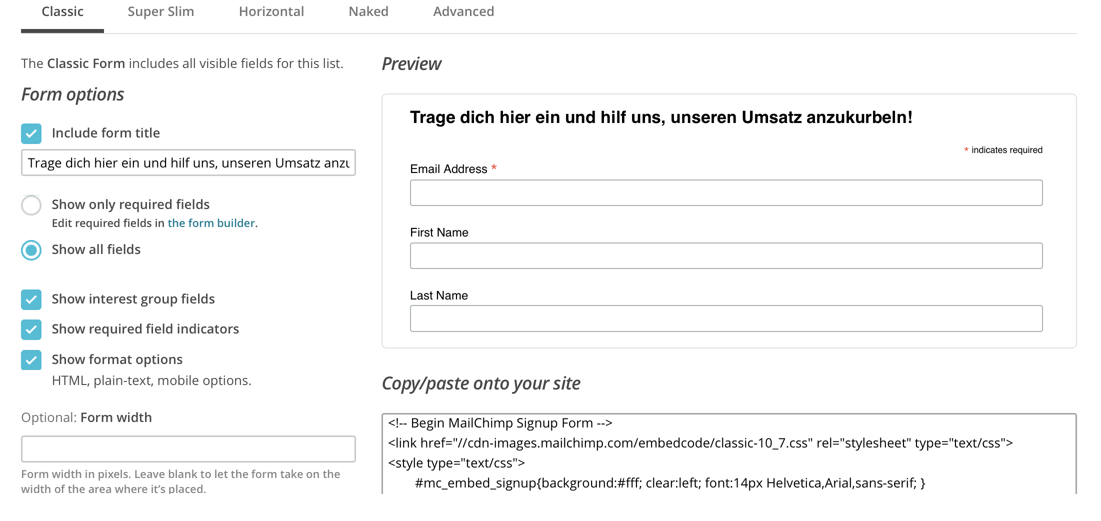 Mailchimp HTML Signup Formular konfigurieren