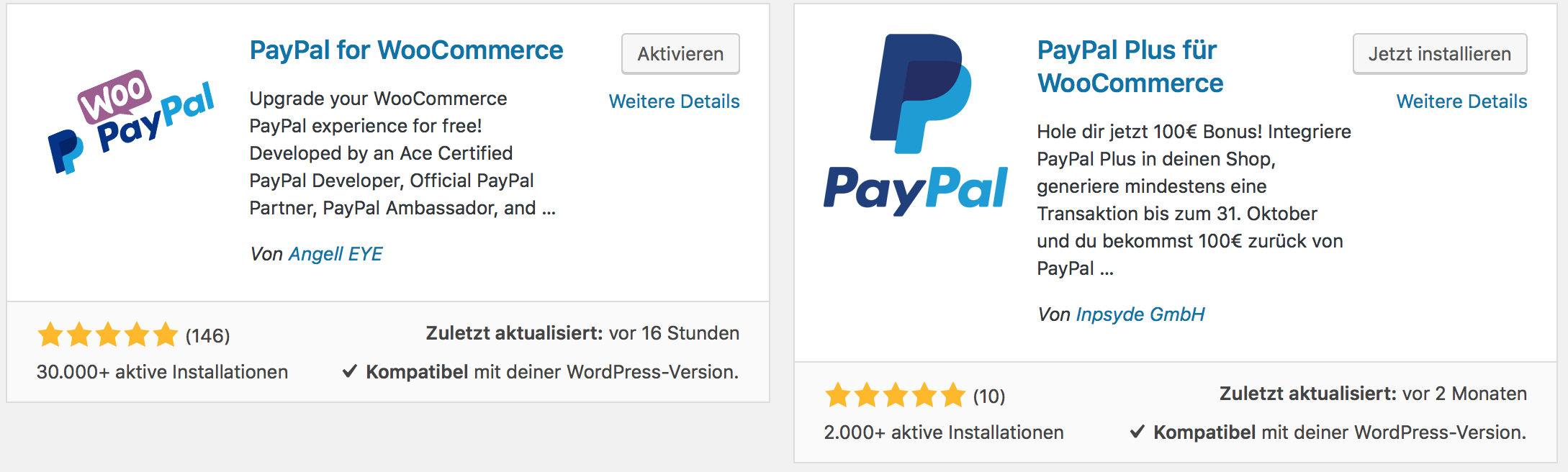 PayPal for WooCommerce und PayPal Plus für WooCommerce als Plugins