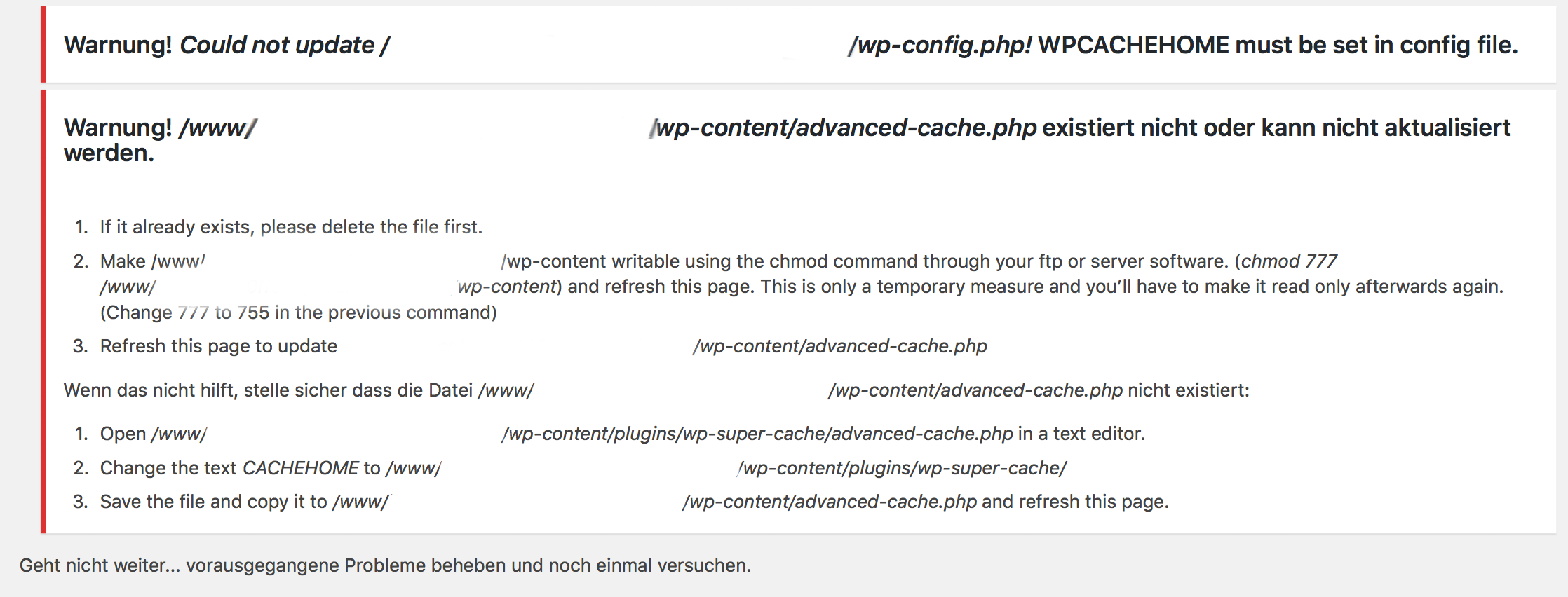 advanced-cache.php kann nicht aktualisiert werden