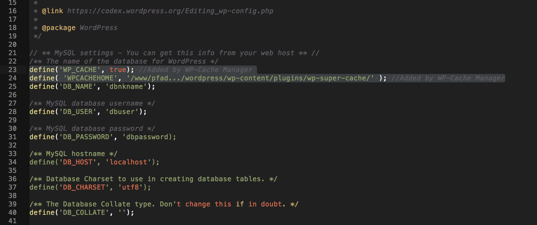Codeanpassung der wp-config.php für Caching