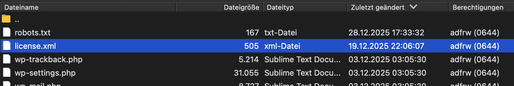 RSL-Datei in WordPress Webroot hoch geladen und in robots.txt eingebunden