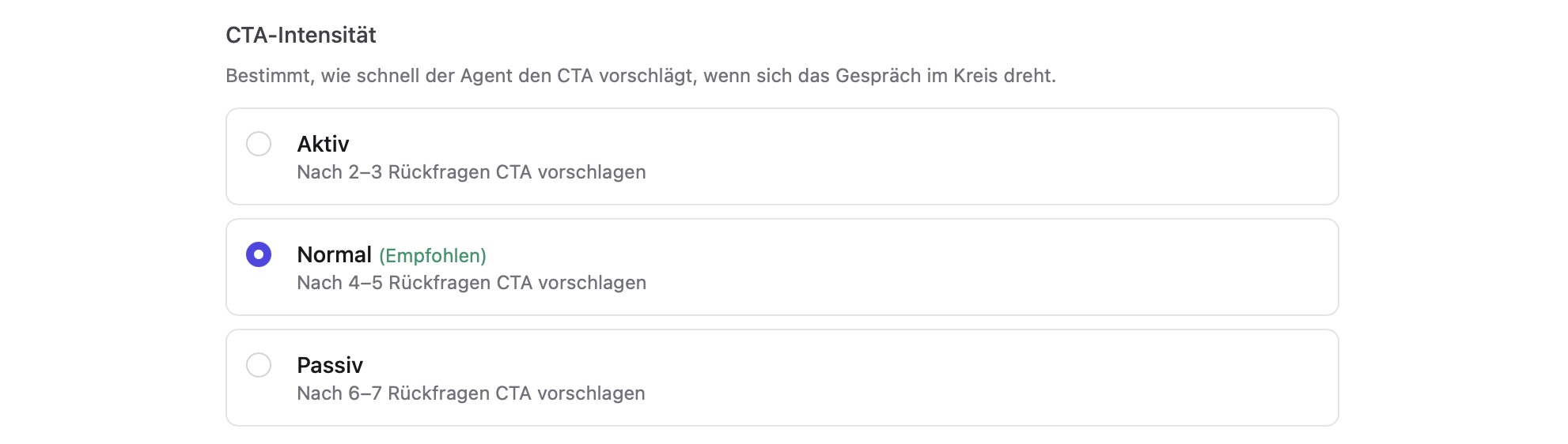 Fachagent ermöglicht die Konfiguration der CTA-Intensität des Chatbots